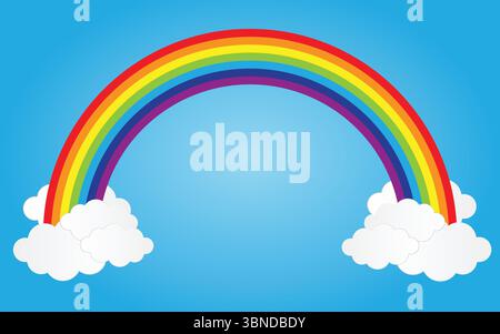 rainbow on blue sky with clouds,vector illustration. Stock Vector