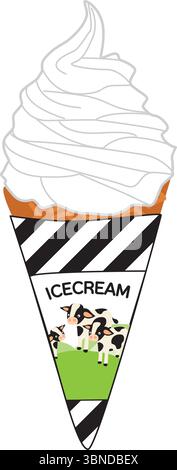 Soft serve ice cream cone with cow-patterned wrapper. Perfect for summer treats, dairy branding, kids menu, or playful food illustrations. Stock Vector
