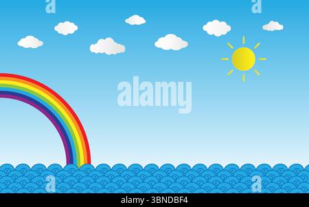 sun shine on blue sky with clouds and rainbow over sea,vector illustration. Stock Vector