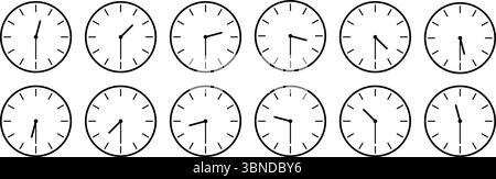horizontal set of analog clock icon notifying each half an hour time isolated on white,vector illustration. Stock Vector