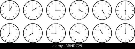 horizontal set of analog clock icon notifying each hour isolated on white,vector illustration. Stock Vector