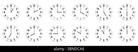 horizontal set of analog clock icon with number notifying each hour isolated on white. Stock Vector