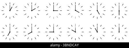 horizontal set of analog clock icon notifying each hour isolated on white. Stock Vector