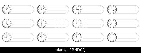 horizontal set of analog clock icon with short note notify of each hour activities isolated on white. Stock Vector