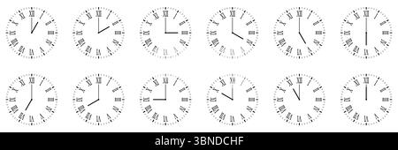 horizontal set of analog clock icon with roman numeral notifying each hour isolated on white. Stock Vector