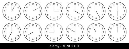 horizontal set of analog clock with digital number icon notifying each hour isolated on white,vector illustration. Stock Vector