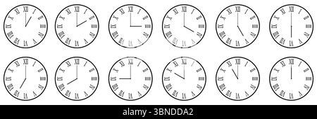 horizontal set of analog clock icon with roman numeral notifying each hour isolated on white,vector illustration. Stock Vector