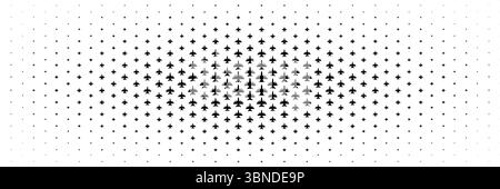 horizontal halftone of black fighter plane with bomb and missile spread from center on white. Stock Vector