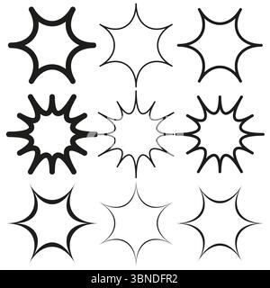 Decorative symmetrical starbursts. Simple monochrome palette. Pristine white background. Outlined vector illustration. Stock Vector
