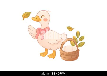 Adorable cartoon duck with pink bow and a wicker basket of eggs, surrounded by autumn leaves in rustic cottagecore style. Stock Vector