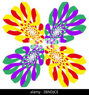 Kaleidoscopically floral icon. Psychedelic petal symbol. Vivid kaleidoscopic Vector. Luminous multicolor composition Stock Vector