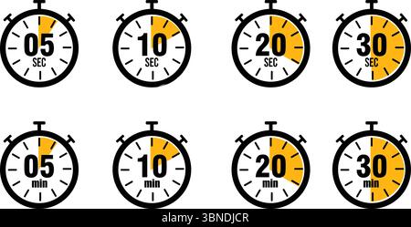 Stopwatch Icon Collection Featuring Countdown Durations from Five to Thirty Seconds and Minutes Stock Vector
