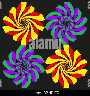 Triadic chromatic ornament. Psychedelic whirlpool symbol. Vibrant petal Vector. Clustered kaleidoscopic ornamentation. Stock Vector
