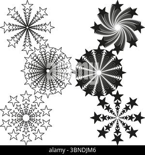 Scattered starburst composition. Abstract monochrome design. Plain white background. Graphic vector illustration. Stock Vector