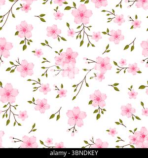 A beautiful seamless pattern of delicate pink cherry blossoms or sakura with graceful brown branches and green leaves. Set against a crisp white backg Stock Vector