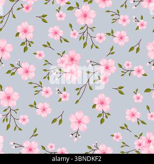 A beautiful seamless pattern of delicate pink cherry blossoms or sakura with graceful brown branches and small green leaves. Set against a soft light Stock Vector