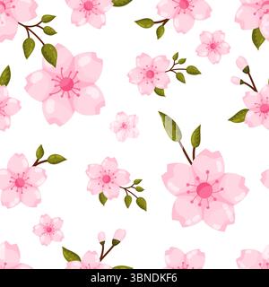 A beautiful seamless pattern of delicate pink cherry blossoms or sakura flowers with brown branches and green leaves. Scattered gracefully on a pristi Stock Vector