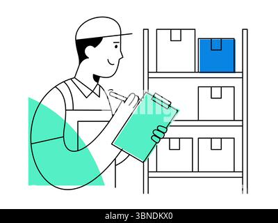 A smiling warehouse worker performs inventory check with clipboard, managing storage boxes on shelves for efficient logistics and organization Stock Vector