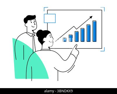 Two business professionals analyzing sales data on rising charts, celebrating growth success through effective teamwork in modern office environment Stock Vector