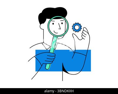 A quality control inspector holds magnifying glass and gear while smiling, wearing gloves, representing inspection and assurance in manufacturing Stock Vector