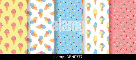 Ice cream seamless pattern set. Sweet servings of fruit ice cream scoops in waffle cone. Background with colorful sprinkles and confetti. Summer print Stock Vector
