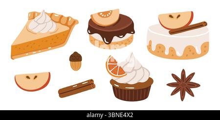 Autumn desserts elements doodle illustration, sweet cakes, collection, autumn cozy set Stock Vector