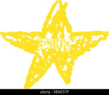 Childlike yellow star drawn with wax pencil. Irregular crayon texture adds charm and sparkle. Fun doodle element in vector format. Stock Vector