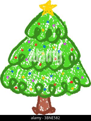 Decorated Christmas spruce tree drawn by children. Simple vector doodle collage element for school or kindergarten use. Pastel wax squiggle strokes on Stock Vector