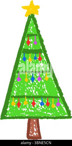 Decorated Christmas tree drawn by children. Simple vector doodle collage element for school or kindergarten use. Pastel wax squiggle strokes on a Stock Vector