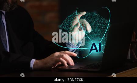 Businessman interacting with glowing 3D artificial intelligence hologram in digital workspace Stock Photo