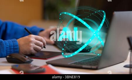 User with stylus pen working on AI interface next to laptop. Modern analytics environments Stock Photo