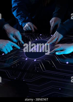 Collaborative team interaction with AI-based circuit board interface in digital environment Stock Photo