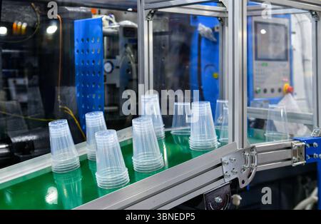 Plastic cup on conveyor belt in distribution warehouse.parcels transportation system concept. Stock Photo