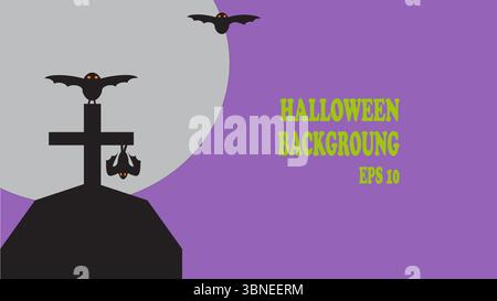Silhouette of bats and cross on tombstone under full moon on purple background with Halloween text for creepy graveyard theme Stock Vector