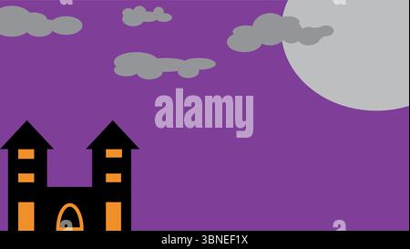Black haunted house with yellow windows on purple sky background with gray clouds and large white moon for Halloween design Stock Vector