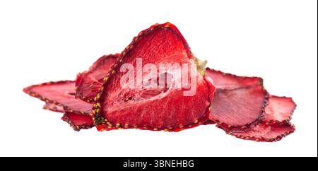 Dried strawberry slices isolated on white background. Dehydrated strawberries chips. Clipping path Stock Photo