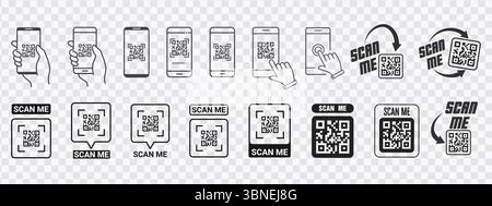 "QR Code Scanning Icons - Smartphone, Scan Me Text, and QR Code Designs" Stock Vector