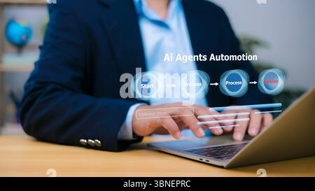 Ai Agents Automation, showing start, process, process, and finalize steps, illustrating AI-powered workflow automation. Businessman using a laptop wit Stock Photo