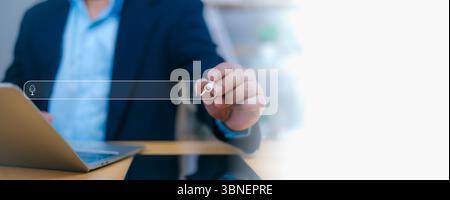 Person interacts with a futuristic search bar, symbolizing online search, digital marketing, and web browse. Concepts of information discovery, SEO, d Stock Photo