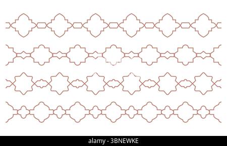 Oriental ceramic tile line arabic grid borders. Simple geometric outline boho seamless patterns with geometric decorative elements. Stock Vector