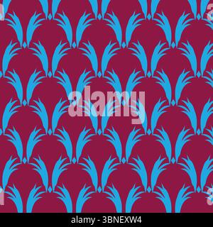 A repeating pattern of light blue abstract floral bursts on a deep maroon background, arranged in staggered rows for a dynamic, rhythmic visual flow. Stock Vector