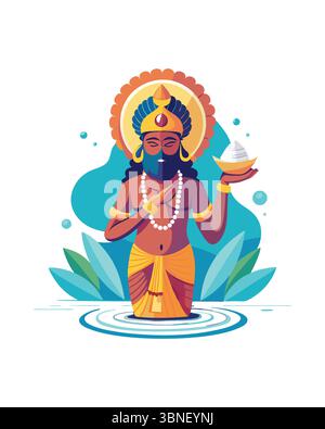 "Cartoon Lord Vishnu Standing in Water Holding Bowl" Stock Vector