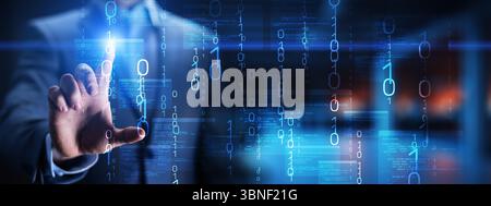 Binary Code and Software Programming Visualization with Interactive Digital Interface. Stock Photo
