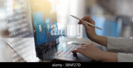 Artificial Intelligence and Data Processing Interaction on a Digital Touchscreen Interface. Stock Photo