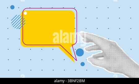 Trendy poster with hand in halftone style on the topic of sending messages. Conduct correspondence, give comment, place an ad concept. Horizontal Stock Vector