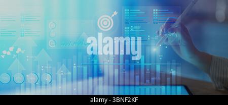 Business Data Analytics and KPI Performance Tracking Dashboard on Digital Tablet Interface. Stock Photo