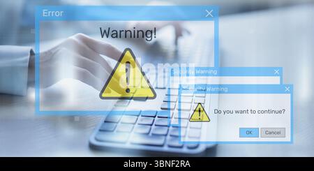 Security Warning Notifications Displayed on Digital Interface with Risk Alert Symbols. Stock Photo