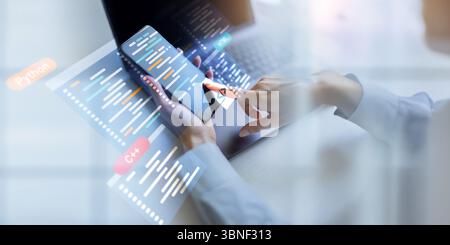 Software Development and Programming Languages Displayed on a Virtual Coding Interface. Stock Photo