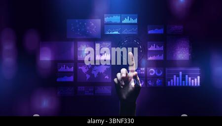 Virtual screen business intelligence dashboard, analytics and big data technology concept. Stock Photo