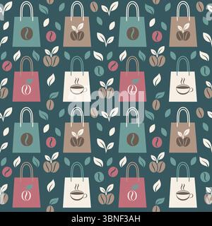 Vector seamless pattern featuring coffee-themed tote bags, coffee beans, and leaves.  Stock Vector